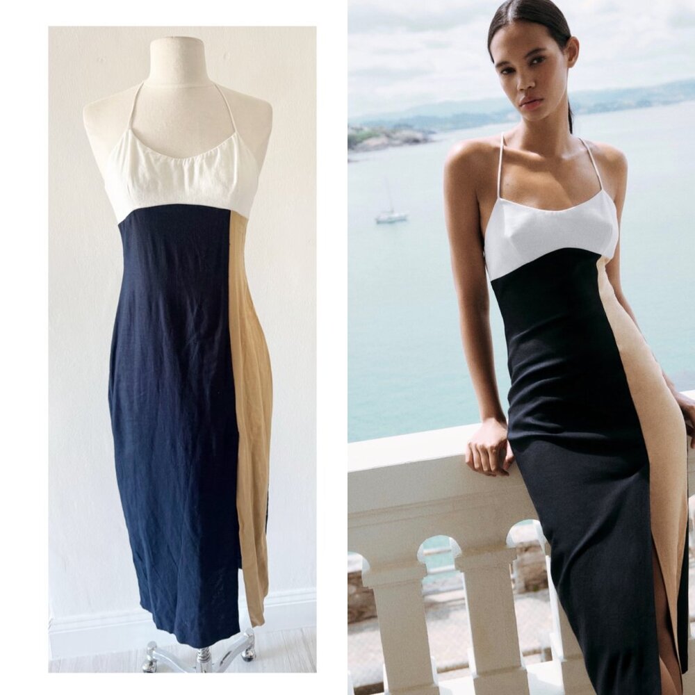 Zara Linen Blend Halter Neck Colorblock Summer Maxi Dress Size XS
